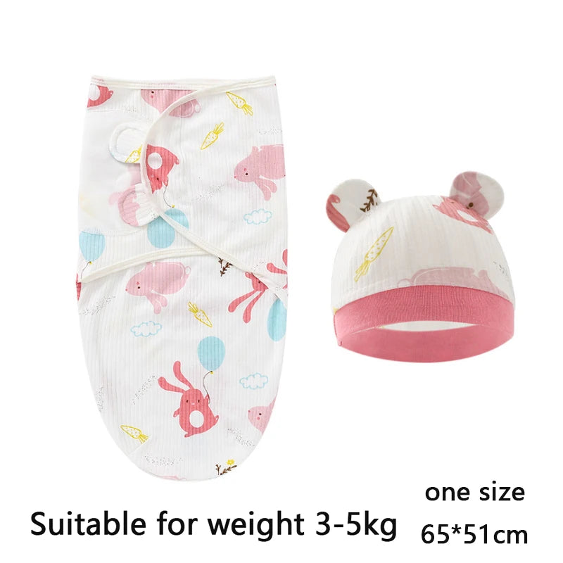 Baby Blanket Hat Set Cartoon Printed Cotton Newborn Swaddle Adjustable Infant Sleeping Swaddle Wraps All Seasons 0-6 Months