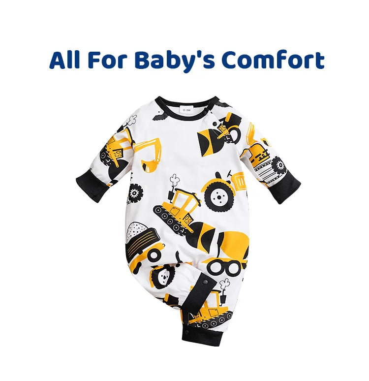 Fashion Newborn Baby Boy Spring and autumn Clothes Long sleeves and Round Collar Cartoon Car Print Romper Jumpsuit 0-24 months