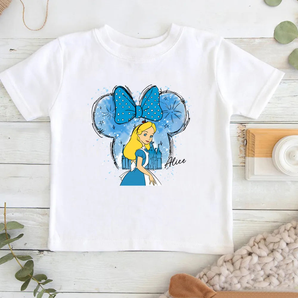 Cartoon Disney Princess Print T-shirts for Children Summer Cotton Short Sleeve Children Clothes Girl Tops