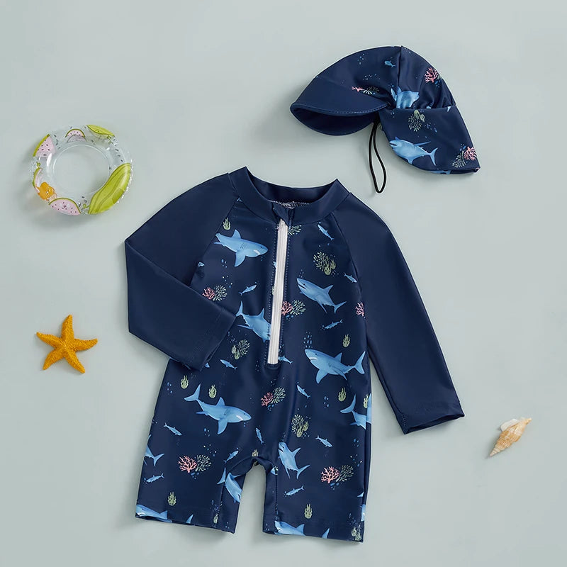 0-5Years Kids Boy Rash Guard Swimsuits Shark Print Long Sleeve Half Zip-up Bathing Suit with Sun Hat 2 Pcs Swimwear for Toddler