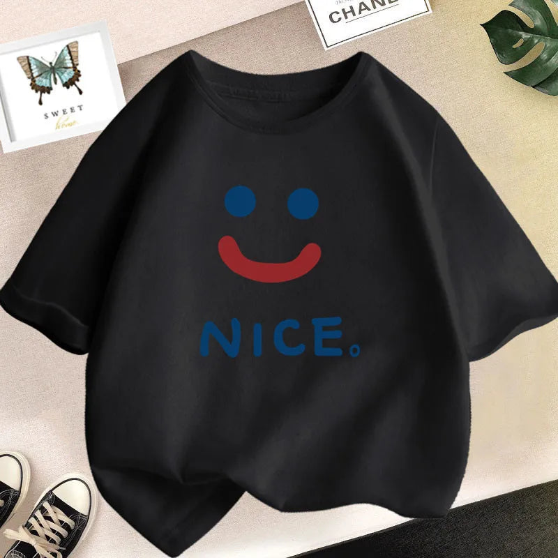 Happy Smile Design Girls Tshirt Kids Street Breathable Tops Personality Cotton Clothing Summer Cool Sports T-Shirts