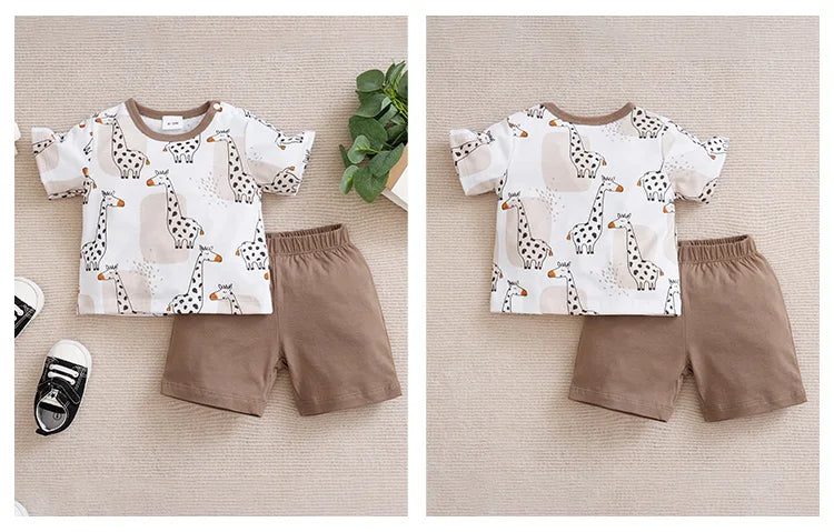 Newborn Clothing Cute Cartoon Animal Print Comfortable And Soft Boy/Girl Summer Short Sleeved Baby T-Shirt+Pants Two-Piece Set