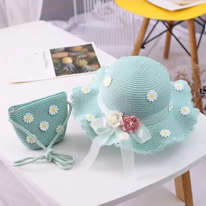 Kids Hat For Girls 2-7Y Straw Children's Sunshade Cap Bag Summer Baby Travel Sunscreen Beach Hat Sun Fisherman Cap Fashion Style