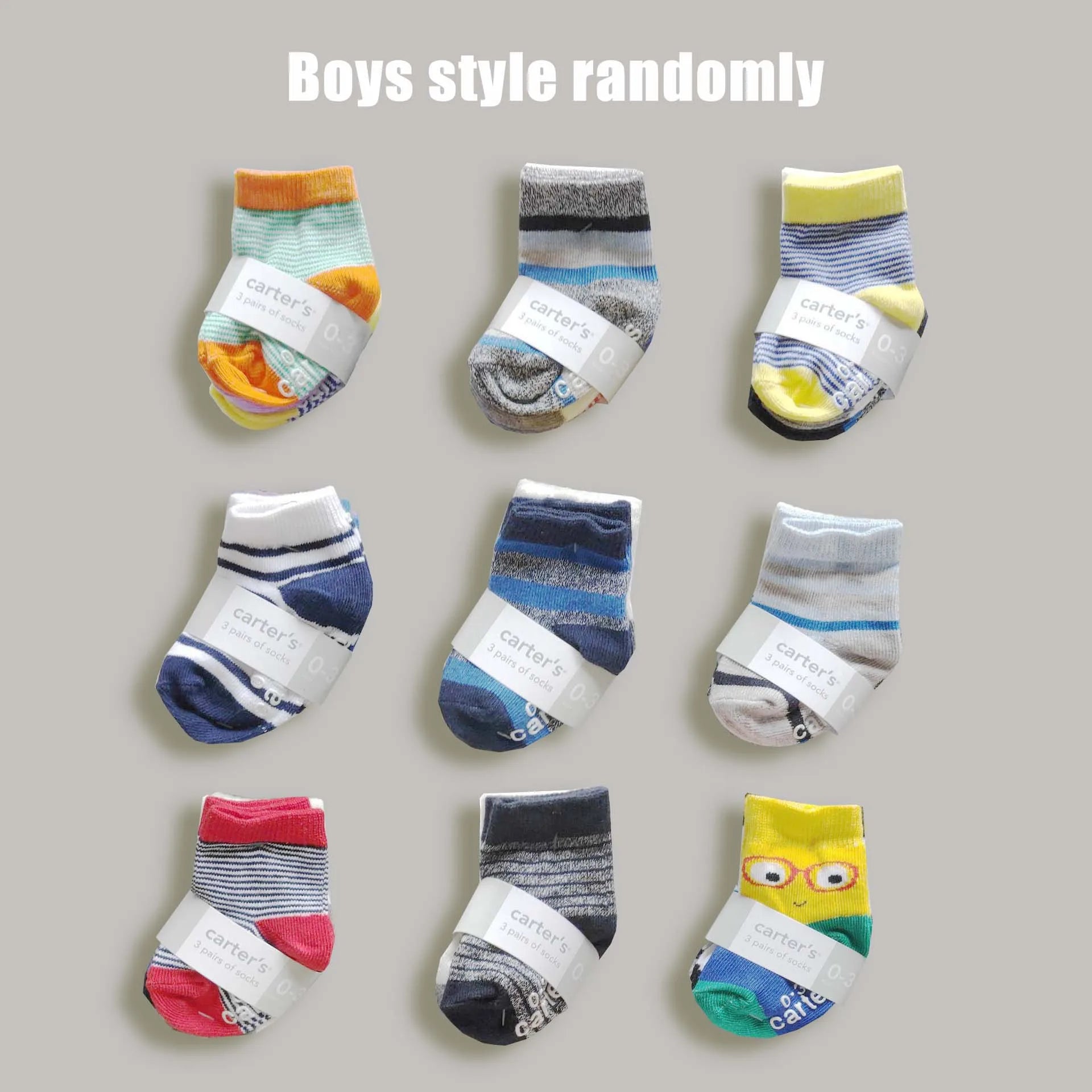 9 Pairs of A Pack Children's Cotton Socks Cute Non-slip Carter Baby Socks 0-1 Year Old Baby Boys and Girls Random Style