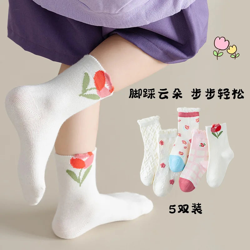 5 Pairs/Lot Kids Soft Cotton Socks Korean Love Heart Flower Print Baby Girl Socks Autumn Winter Warm Children Middle Tube Socks