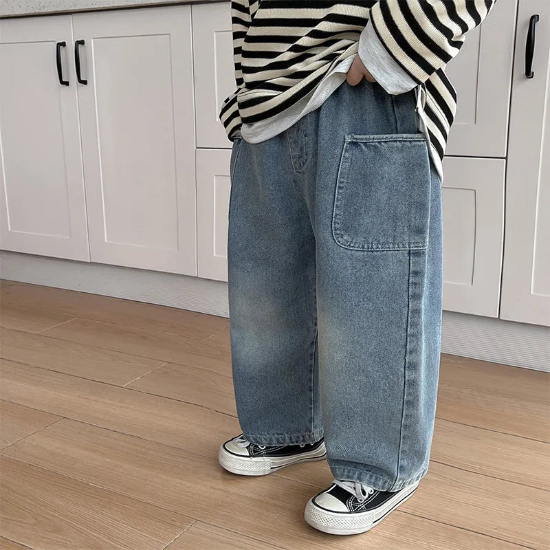 2025 Spring Autumn Kid Boys Denim Pants Side Pocket Polished White Children Boys Pants Elastic Waist Casual Baby Boys Trousers