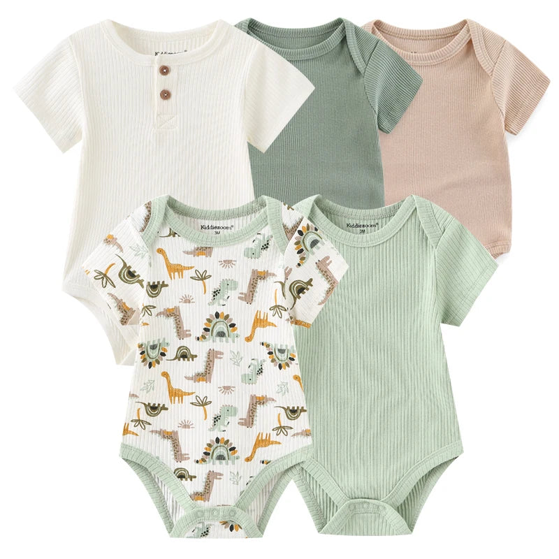 Unisex 5Pieces Newborn Bodysuits Cotton Baby Girl Clothes Set Summer Print Baby Boy Clothes Cartoon Sleeveless Solid Color Bebes