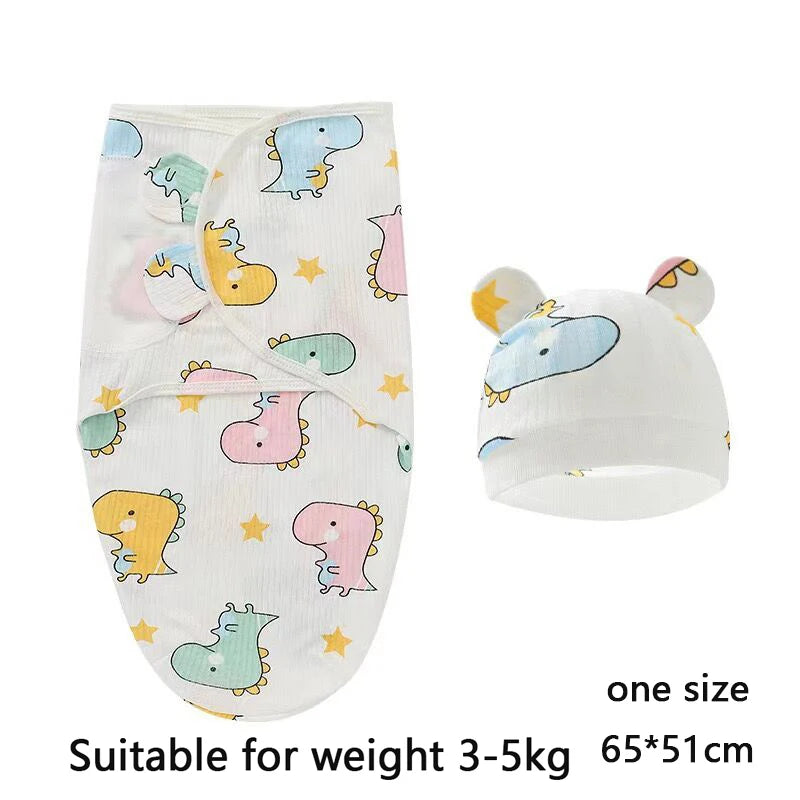 Baby Blanket Hat Set Cartoon Printed Cotton Newborn Swaddle Adjustable Infant Sleeping Swaddle Wraps All Seasons 0-6 Months