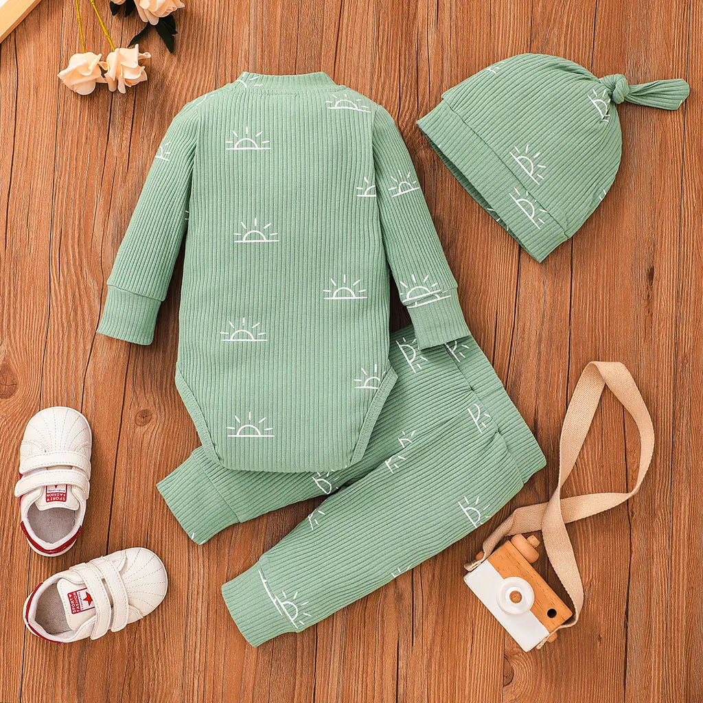 3PCS Baby Boy Clothes Set Spring Autumn Knitted V-neck Romper+infant Pants+Cap Newborn Outfit