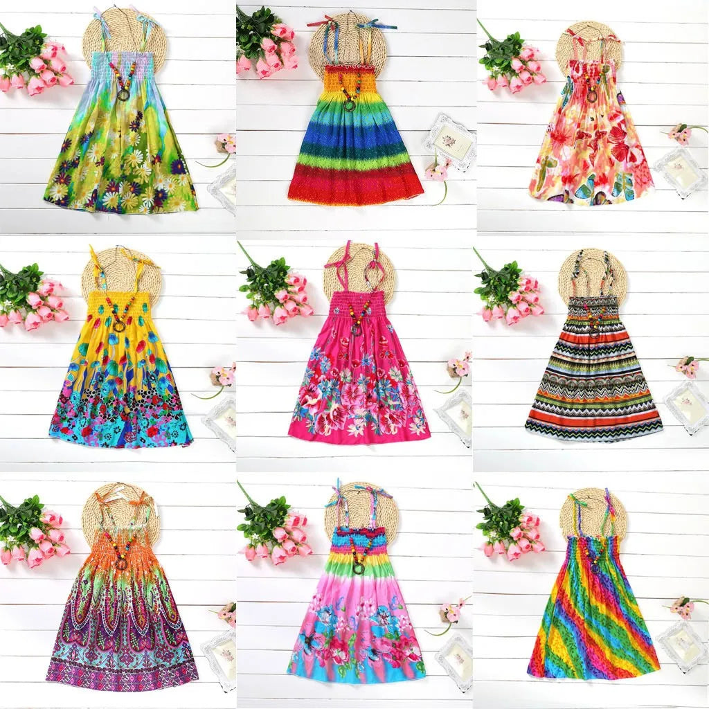 2024 Summer Dress Infant Kids Girls Baby Clothes Vestidos Floral Bohemian Beach Straps Dress  детская одежда Ropa Para NiñAs