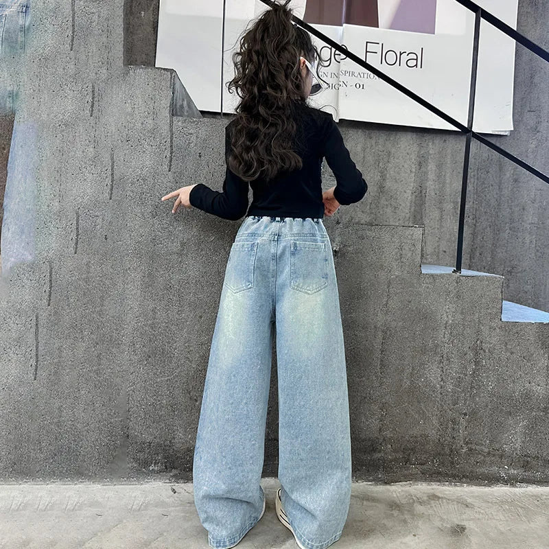 2024 New Kids Girls Wide-Leg Jeans Fashion Rhinestone Sequin Elastic Waistband Pants Denim Trousers Casual Children Bottoms