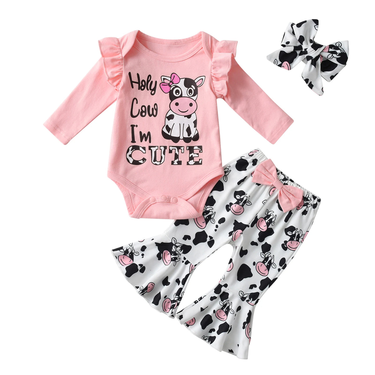 3Pcs Newborn Infant Baby Girls Clothes Set Cute Printed Long Sleeve Bodysuit Top and Flared Pants Headband Spring Autumn Outfits