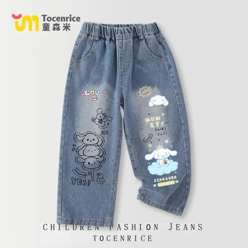 Cinnamoroll Kawaii Girl Jeans Pants Kuromi Hello Kitty Kids Anime Sanrios Cartoon Fashion Straight Elastic Waist Casual Jeans