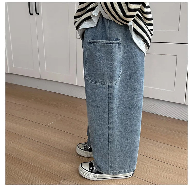 2025 Spring Autumn Kid Boys Denim Pants Side Pocket Polished White Children Boys Pants Elastic Waist Casual Baby Boys Trousers