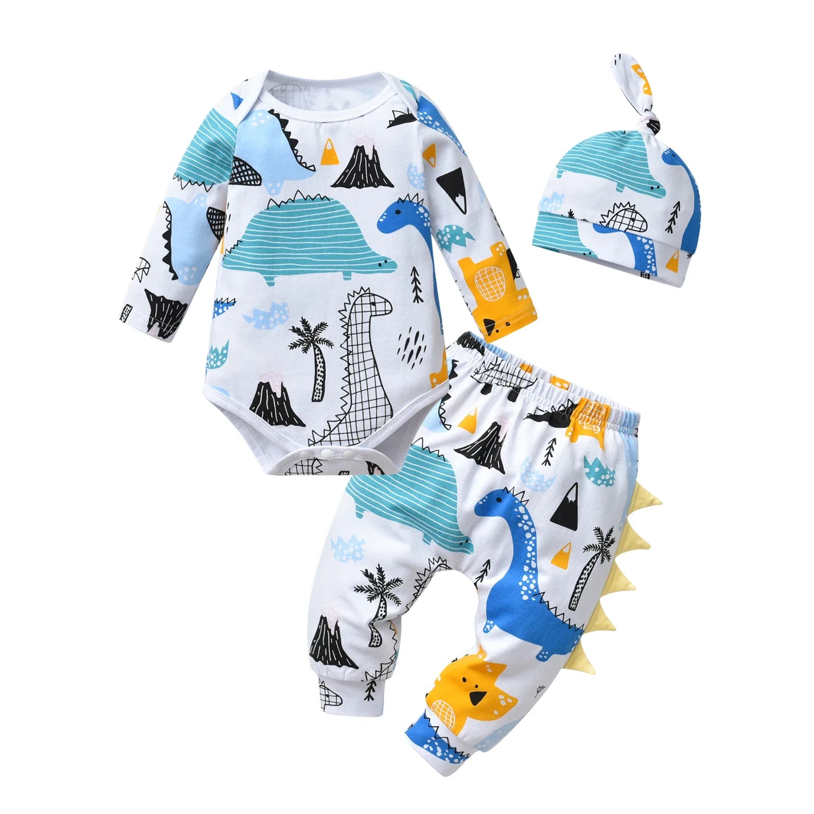 Trend Newborn Infant Baby Boy 3PCS Clothes Sets Cotton Long Sleeve Romper Top Pant Hat Cute Dinosaur Printed Outfit for Boys