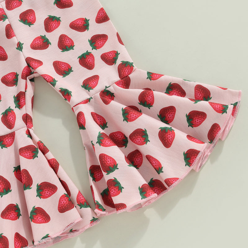 3Pcs Baby Girls Clothes Summer Suit Letter Print Short Sleeve Crew Neck Rompers Strawberry Print Flare Pants Headband Set