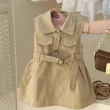 Bear Leader Fashion Girls Windbreak Dresses Summer Sleeveless Work Outfits with Waistband Solid Color Kids Clothes