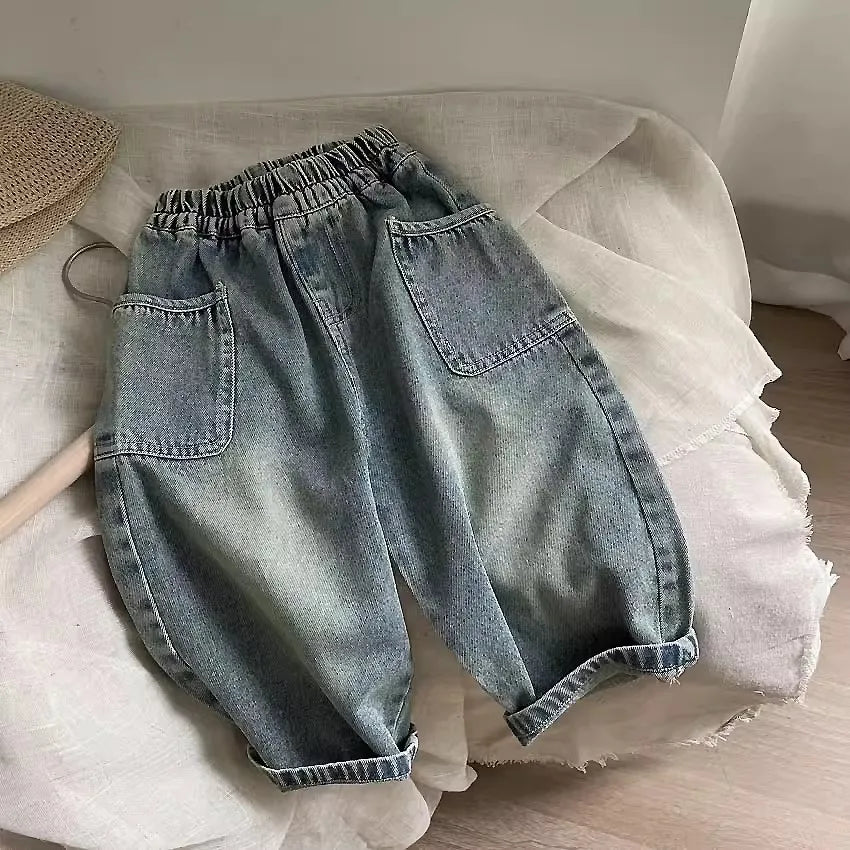 2025 Spring Autumn Kid Boys Denim Pants Side Pocket Polished White Children Boys Pants Elastic Waist Casual Baby Boys Trousers