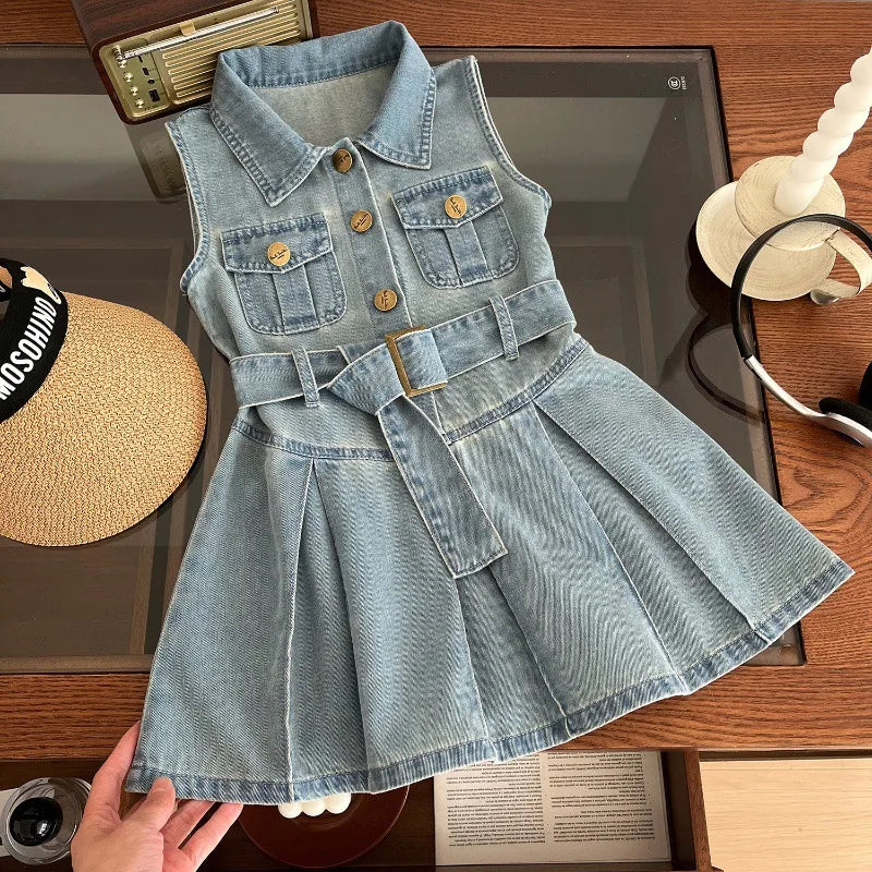 Children Girls Fashion Sleeveless Denim Dress 2024 Summer Cool Baby Girls Casual Vest Dresses