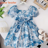 Bear Leader 2023 Summer New Girls' Fashion Ink Painting Print Speaker Short Sleeve Princess Dress Children's Casual Dress