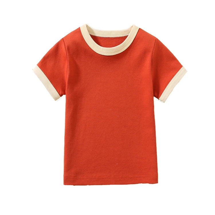 100% Cotton Small Children Summer Short Sleeve T shirt Boys Girls Color Matching Soft Comfy Tops Tees Kids T-shirts Casual