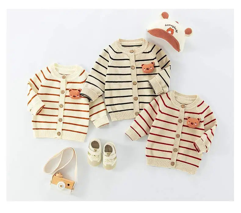 Spring Autumn 0-3 Years Baby Boys Sweater Striped 3D Bear Single Breasted Newborn Boys Knitwear Elastic Hem Infant Boys Knitwear