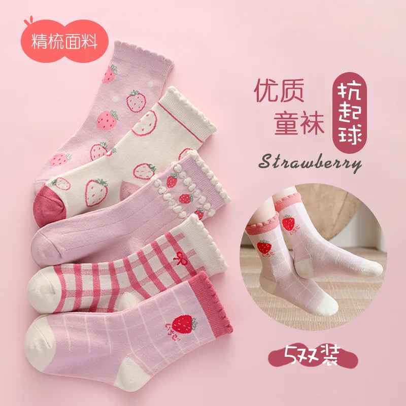 5 Pairs/Lot Kids Soft Cotton Socks Korean Love Heart Flower Print Baby Girl Socks Autumn Winter Warm Children Middle Tube Socks