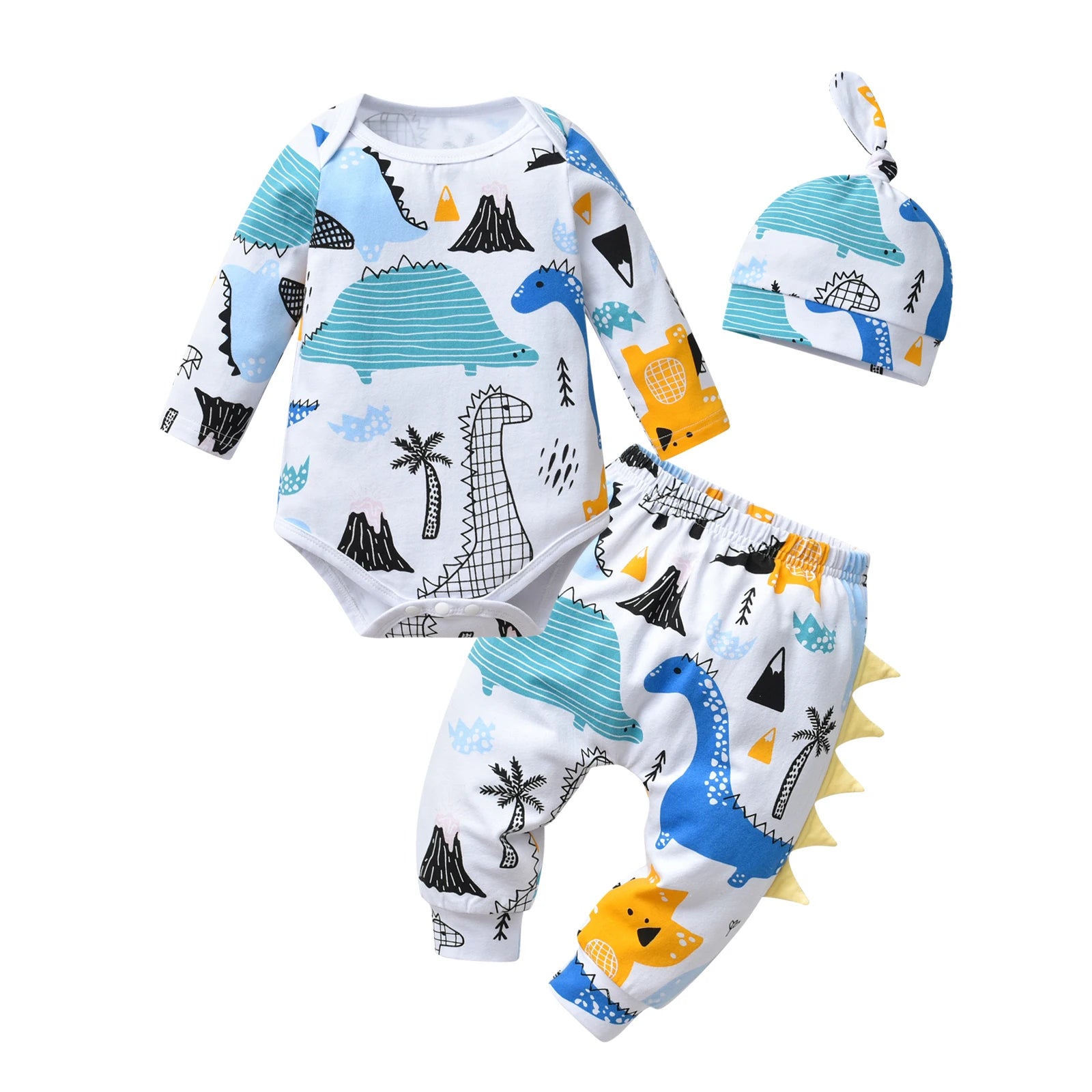 Trend Newborn Infant Baby Boy 3PCS Clothes Sets Cotton Long Sleeve Romper Top Pant Hat Cute Dinosaur Printed Outfit for Boys