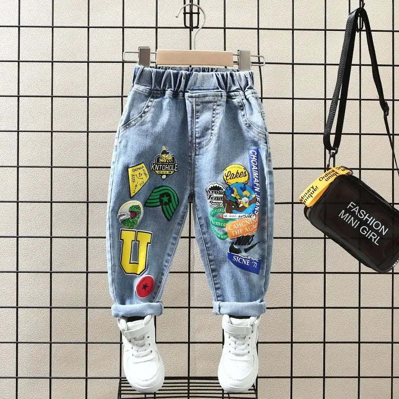 Children's Jeans Trousers Spring and Autumn Pants Boys' Stretch Pant 2023 New Boys' Baby Loose Print Feet Pants