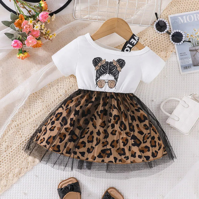 Children's Summer Dress 2-6Y Trendy Girls Short Sleeve Patchwork Leopard Print Mesh Dress Kid's Clothes Girls Outfit