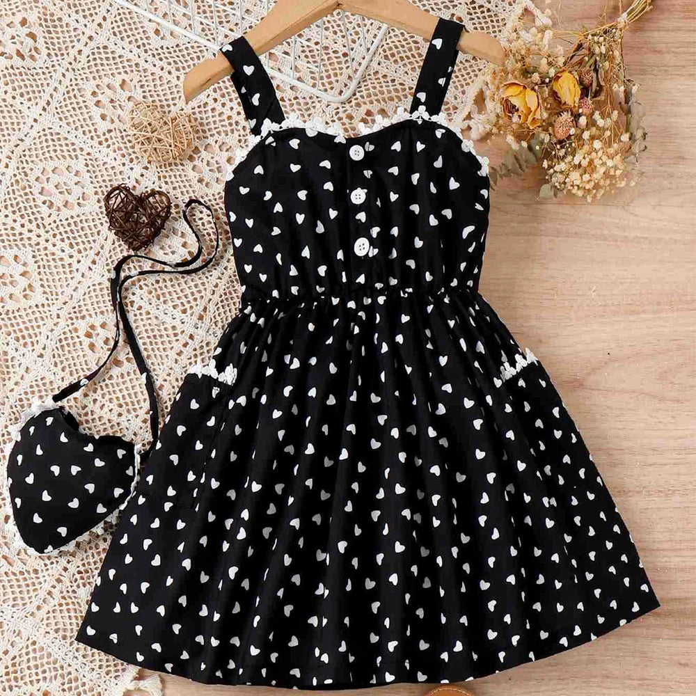 Ceeniu 2pcs Party Dresses For Girls Spaghetti Strap Pocket Heart Red Dress+Heart Bag Kids Birthday Dress Children's Clothing