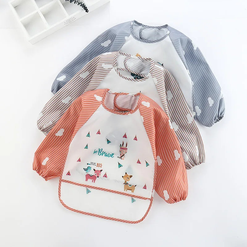 Baby Bibs Cute Colorful Cartoon Waterproof Bib Infant Eating Children Drawing Long Sleeve Pocket Apron Self Feeding Baby 0-3Y