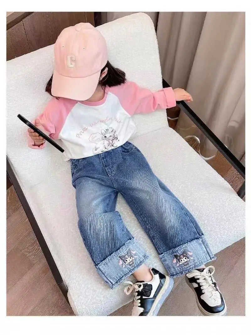 Cartoon Kuromi Girls Wide Leg Jeans Spring  Autumn Cute Elastic waist Versatile Straight Tube kids Childrens Wear Spring Pants