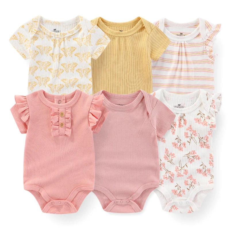 6Pieces Newborn Cotton Baby Boy Clothes Set Solid Color Sleeveless Baby Girl Clothes 0-12M Cartoon Print Bodysuits Summer Bebes