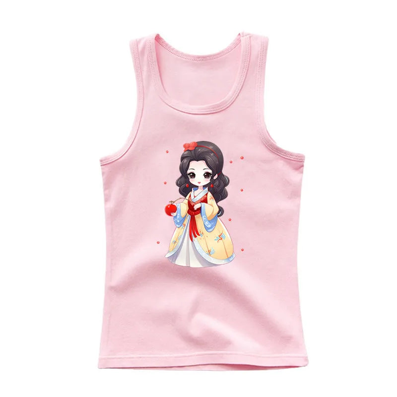 2024 Summer Girls Cute Cat Print  Vest Princess Girl Fashion Tank Top Kids Sleeveless T-shirt 3-14y