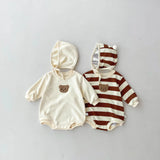 FLM Baby Romper Long Sleeved Bear Pattern + Hat Stripe Toddler Boy  Jumpsuit Baby Clothes 0-24M