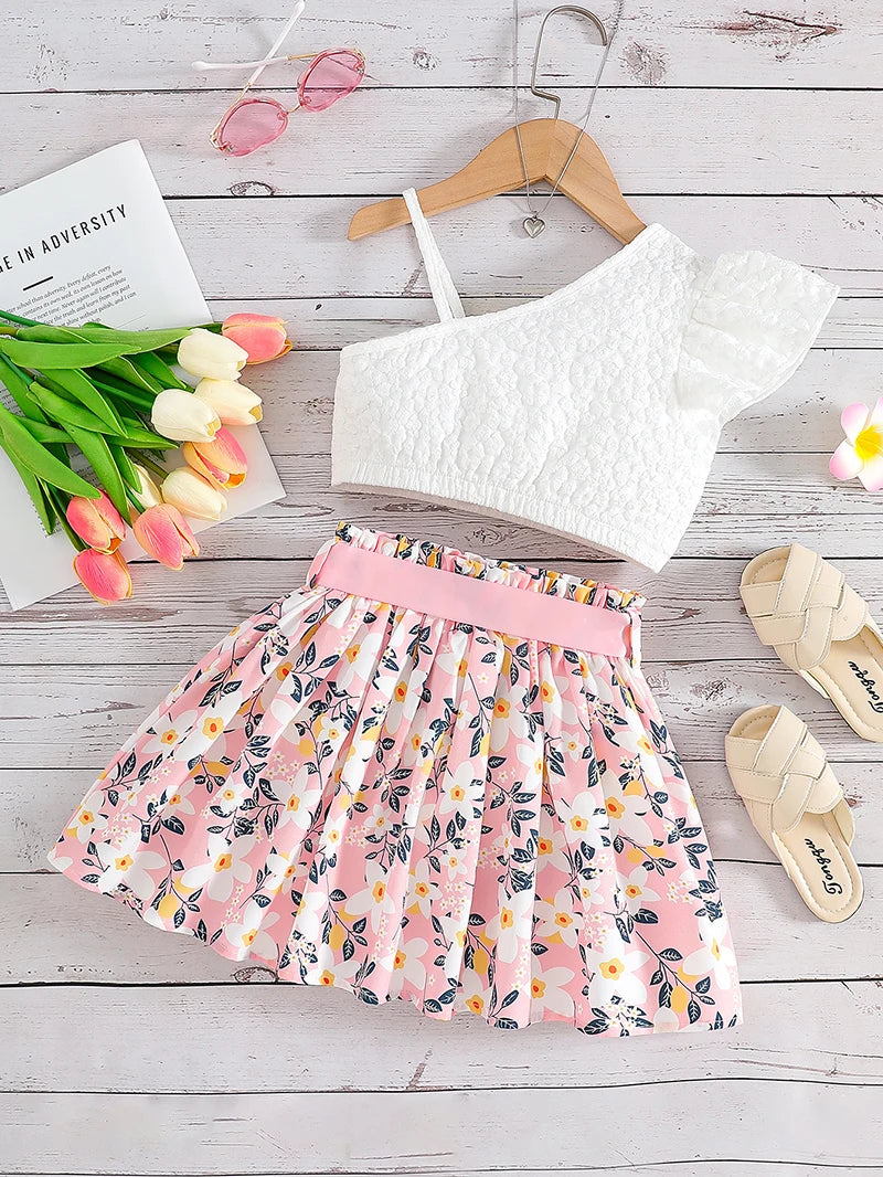 Camisole and Floral Short Skirt Trendy Girls' 2Pcs Set Children's Summer Clothes 2-5Y  Kids Suspenders Top Suit Girls Outfit