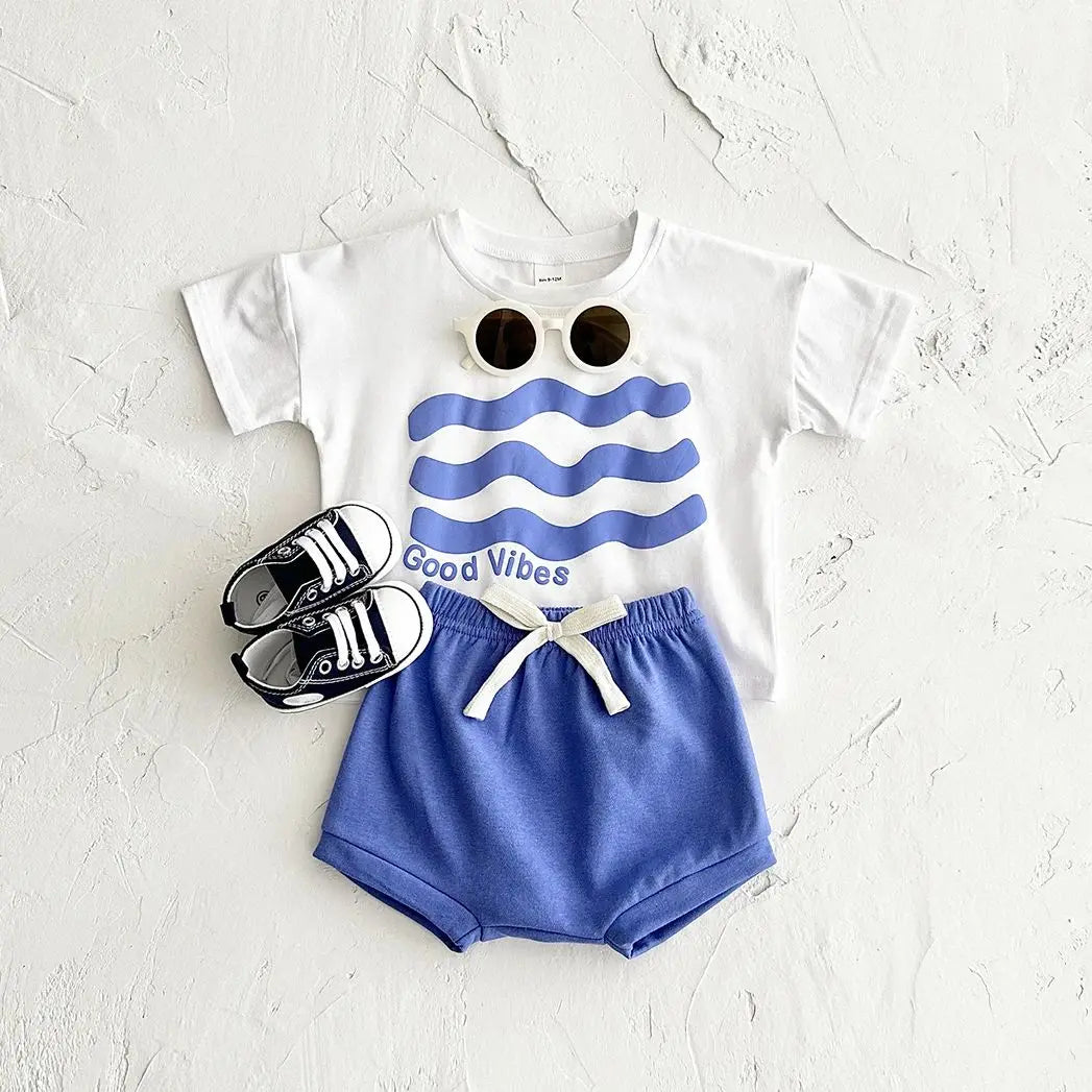 Summer Newborn Boys Baby Set Ripple Flower Pattern Short Sleeved T-shirt+Beach Shorts Cotton Casual Girls Clothing Suit 0-3Y