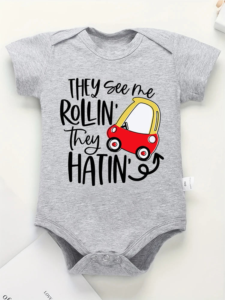 They See Me Rollin They Hatin Cute Baby Onesie Boy Girl Clothes Street Casual Cartoon Kawaii Harajuku Toddler Romper Cotton