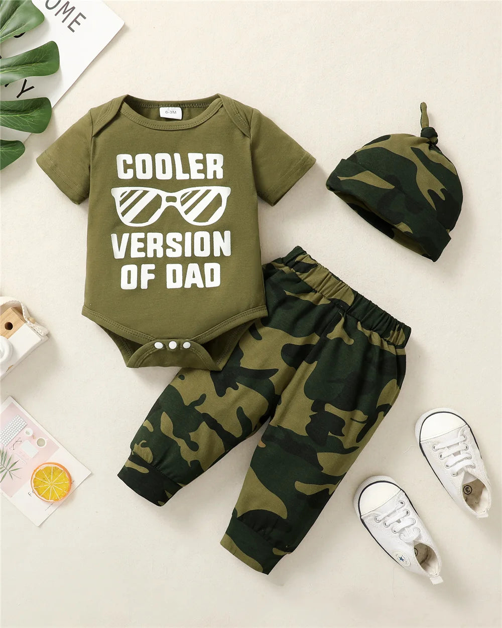 0-18 Months Newborn Baby Boy 3PCS Clothes Set Letters Print Short Sleeve Romper + Camouflage Pants with Hat Casual Outfit