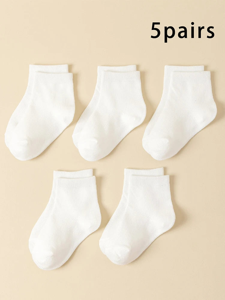 5Pairs Baby Socks Infant Cartoon Solid Color Soft And Comfortable White Mid-Calf Socks For Daily Life