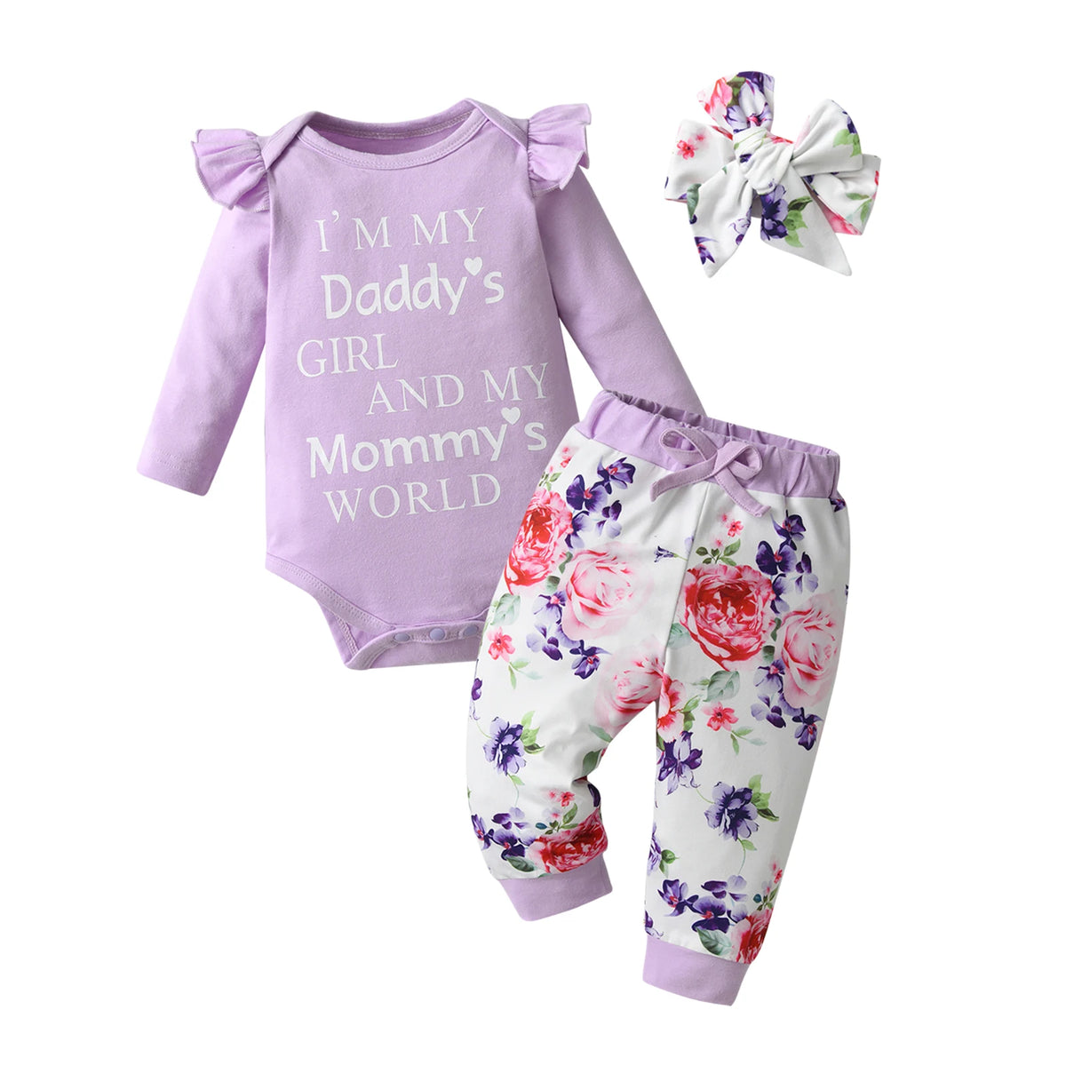 3pcs Infant Baby Girls Cotton Clothes Set Long Sleeve Romper Bodysuit Top and Floral Pants with Bow Headband Newborn Clothing