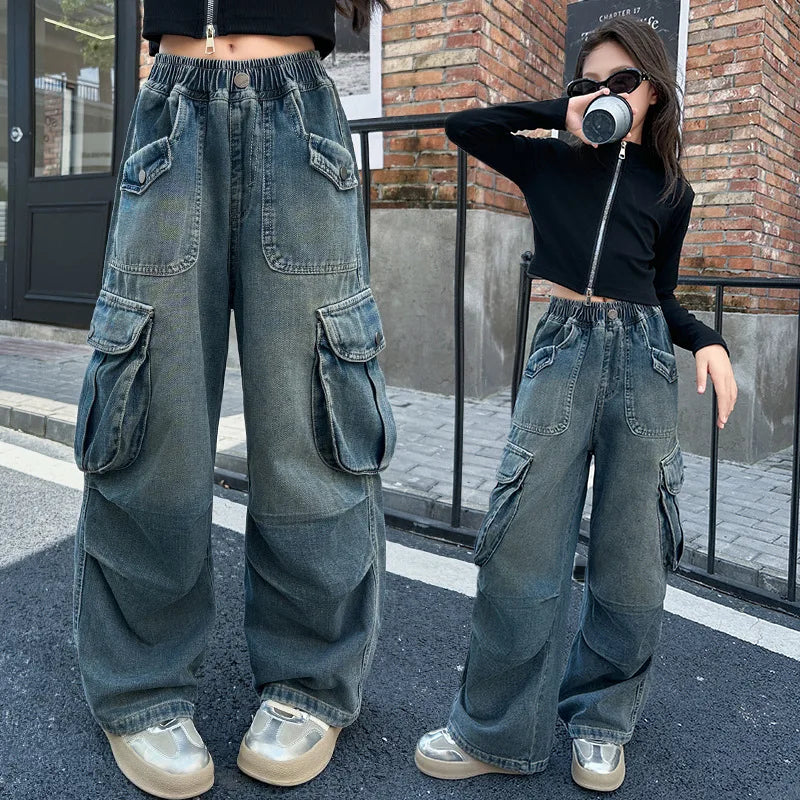 2025 Teenage Girls Jeans with Big Pocket Four Seasons High Waist Fashion Blue Cargo Denim Pants 2024 Hot Sale Wide Leg Trousers