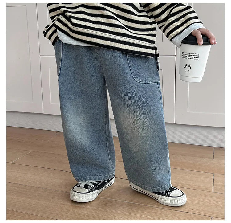 2025 Spring Autumn Kid Boys Denim Pants Side Pocket Polished White Children Boys Pants Elastic Waist Casual Baby Boys Trousers