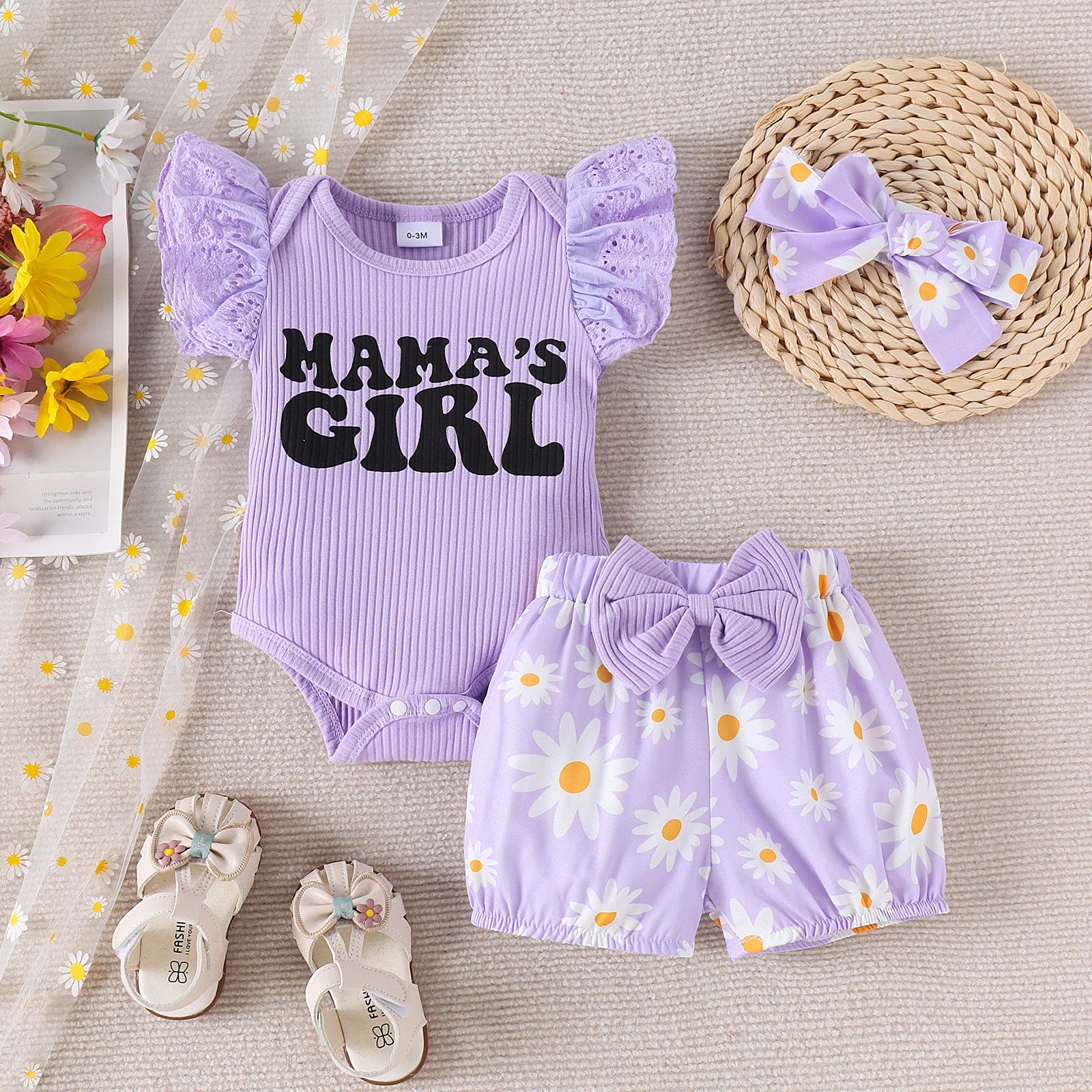 3PCS Summer 0-1 Year Old Girl Baby Sweet Fashionable Cute Letter Pit Strip Flying Sleeve Top + Printed Shorts Set