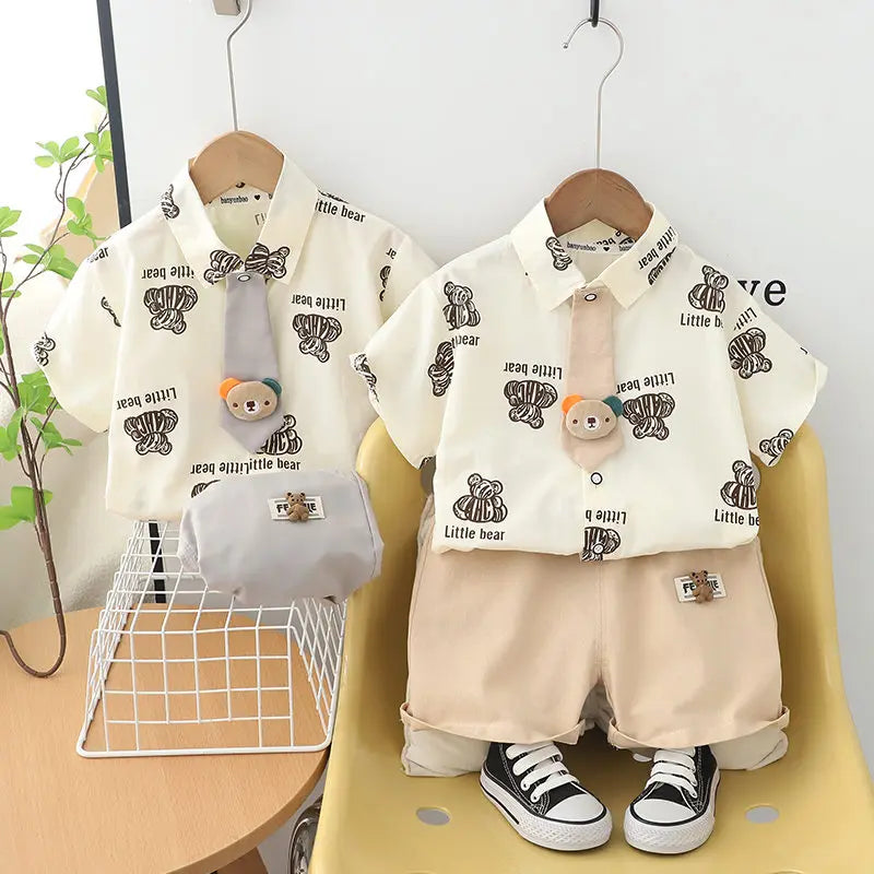 Children Clothes Spring Cartoon Kids Boy Short Sleeve Full Printe Bear Shirts Pants 2Pcs/Set Tie Kid Fashion Toddler Tracksuits