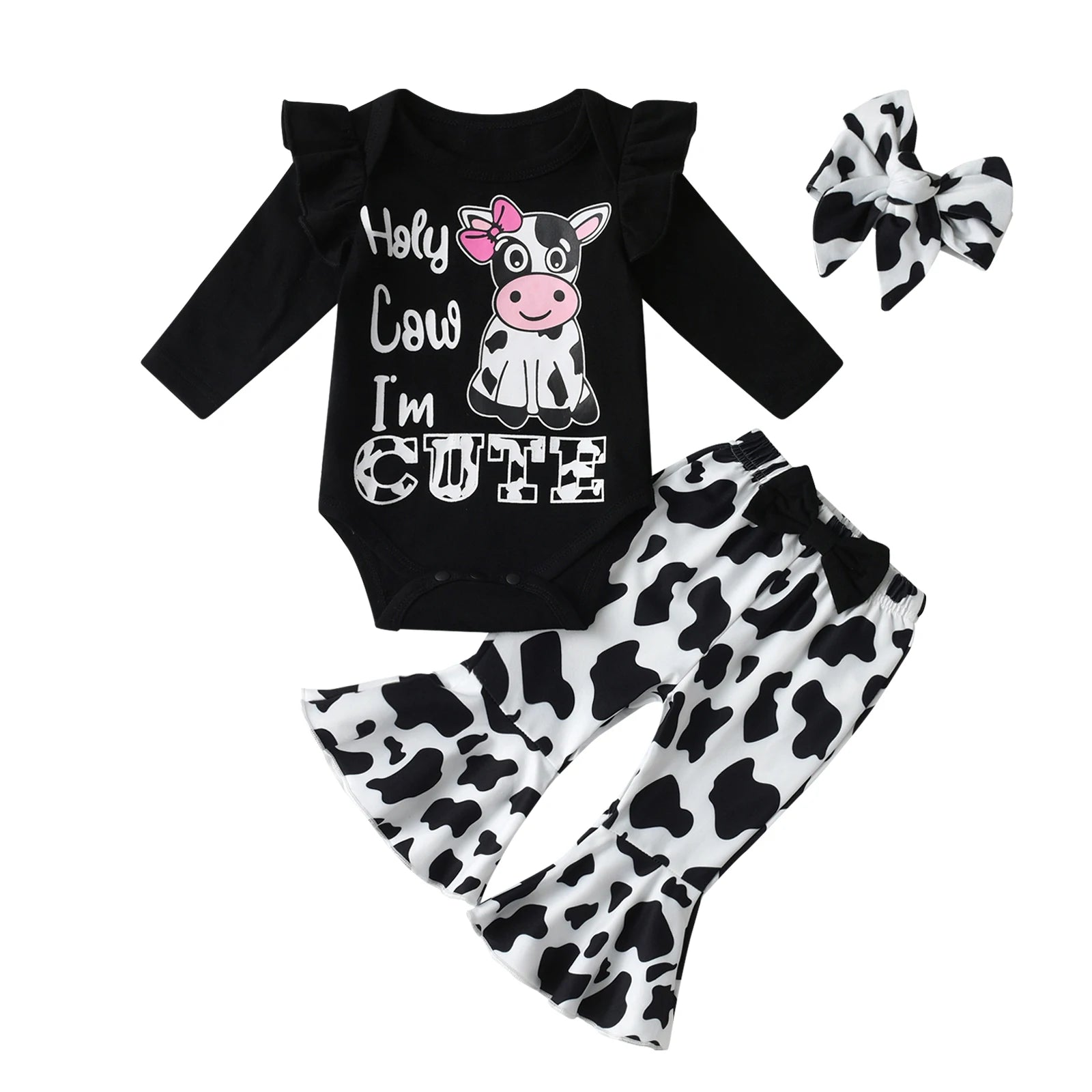 3Pcs Newborn Infant Baby Girls Clothes Set Cute Printed Long Sleeve Bodysuit Top and Flared Pants Headband Spring Autumn Outfits