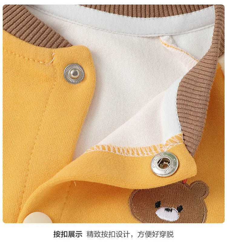 Spring Autumn Children Boy Baseball Uniform Cotton Bear Dinosaur Baby Boy Jackets V-collar Spliced Raglan Sleeve Infant Boy Coat