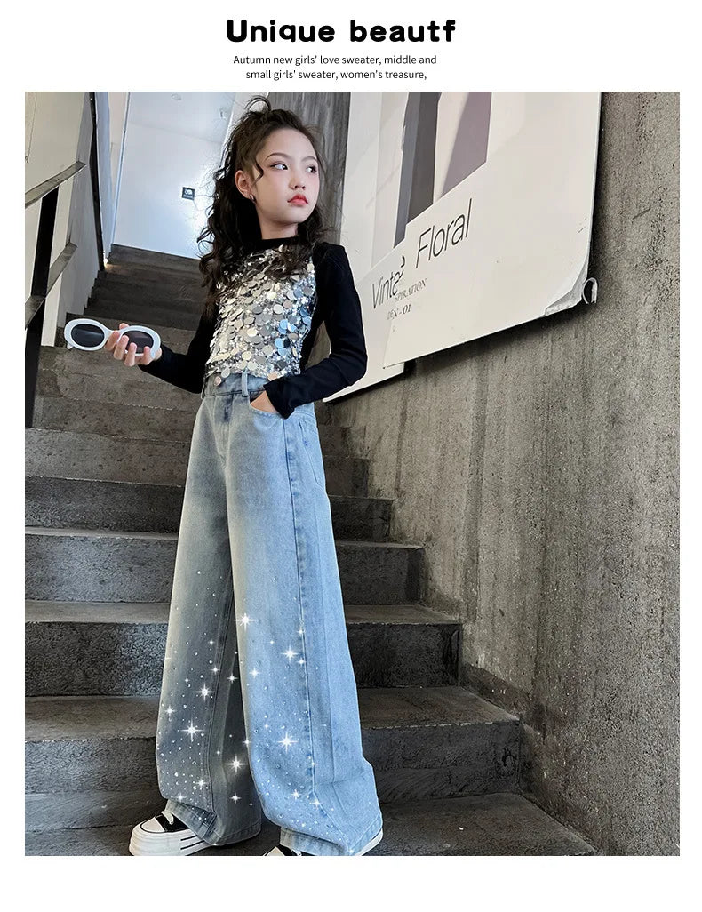 2024 New Kids Girls Wide-Leg Jeans Fashion Rhinestone Sequin Elastic Waistband Pants Denim Trousers Casual Children Bottoms