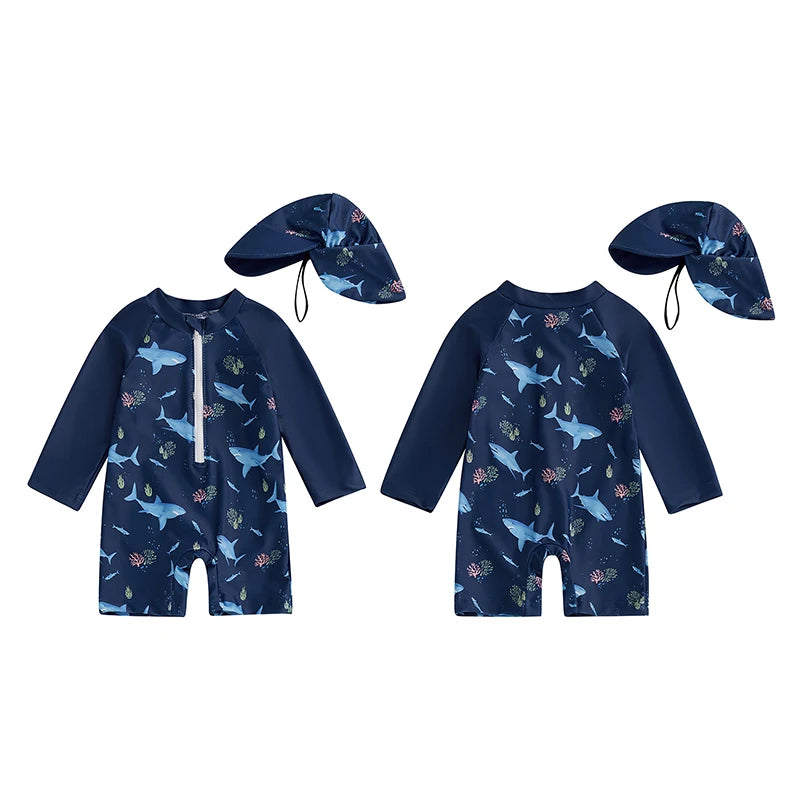 0-5Years Kids Boy Rash Guard Swimsuits Shark Print Long Sleeve Half Zip-up Bathing Suit with Sun Hat 2 Pcs Swimwear for Toddler